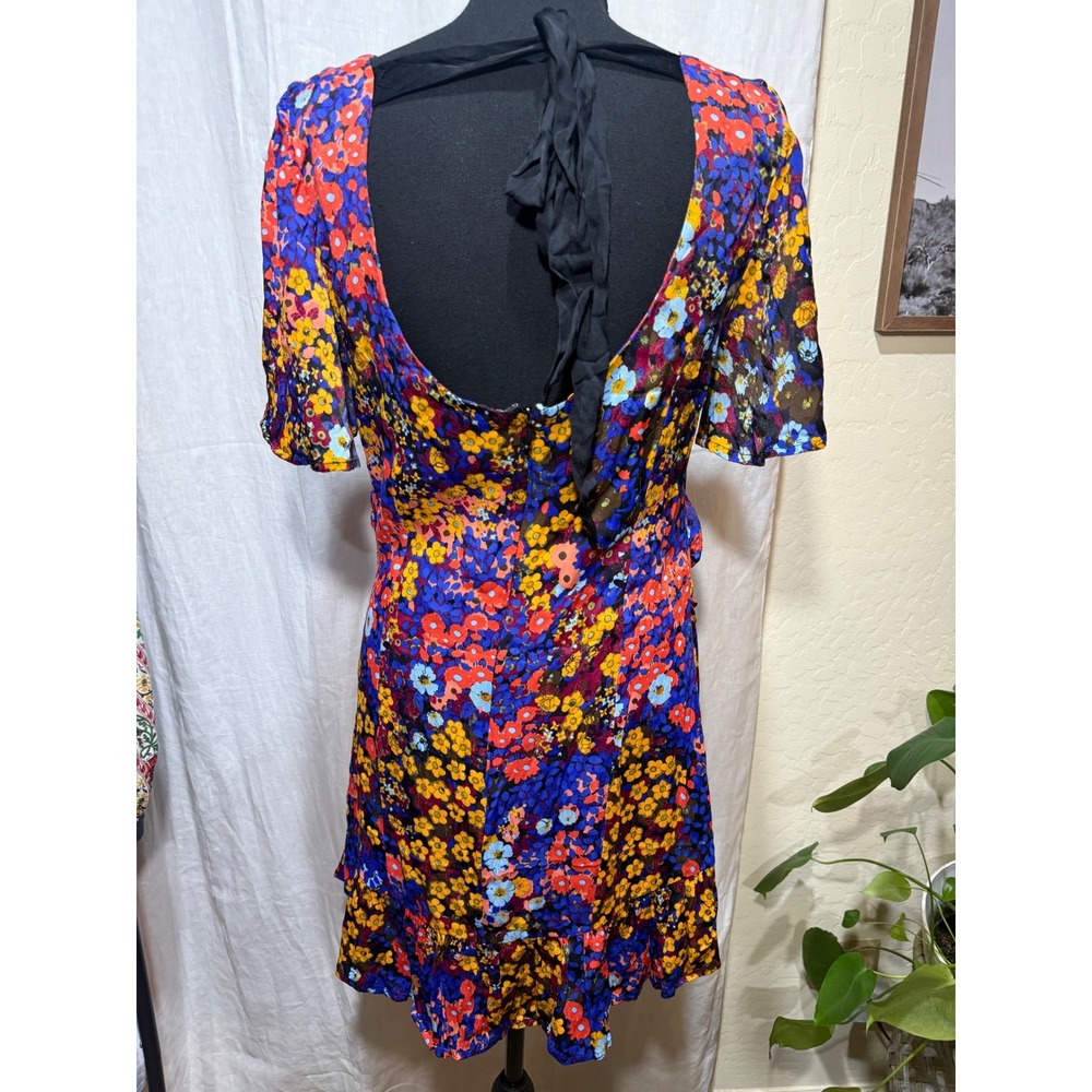 Anthropologie Floral Mini Dress Multi Color Ruched Ruffle Hem Tie Back US 10 - Picture 4 of 5